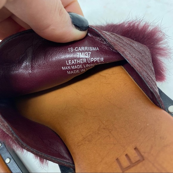 1. State Maroon Purple Red Faux Fur Embellished Leather Flat Sandals - Picture 7 of 8